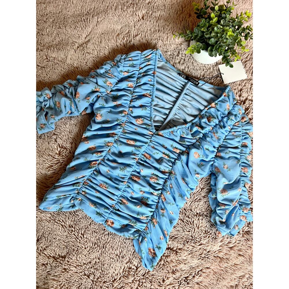 NWT Zara Baby Blue Tulle Floral Rose Print Ruched V-Neckline Top Size: Small